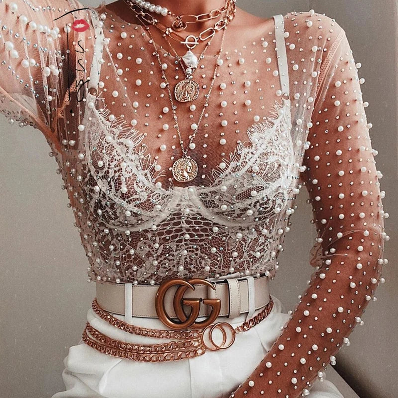 Sparkling Elegance: Luxury Crystal See-Through Long Sleeve Top