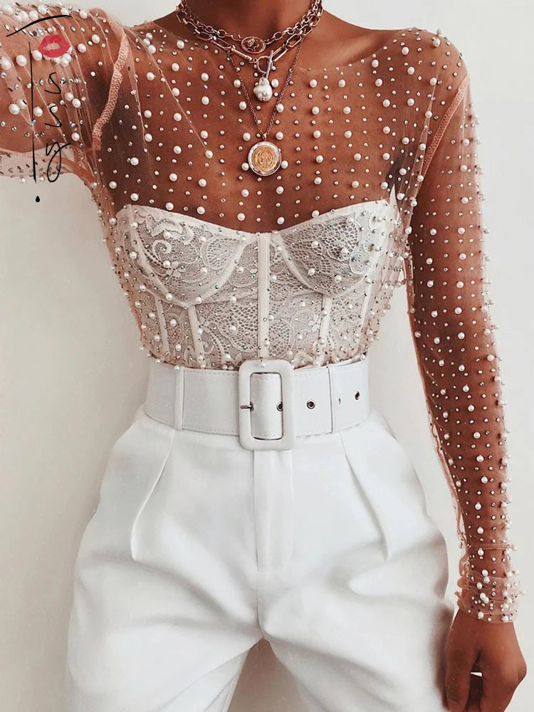 Sparkling Elegance: Luxury Crystal See-Through Long Sleeve Top