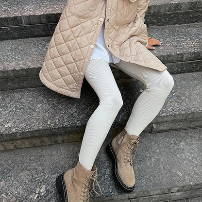 High-Waist Beige Ribbed Knit Leggings