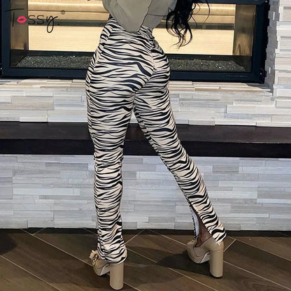 Tossy Female Trousers Casual Zebra Print Straight Leg Pants Split Out Spring Women Streetwear High Waist Fashion Ladies Pants