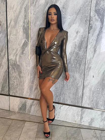 Sparkling Seduction Deep V-Neck Ruched Mini Dress