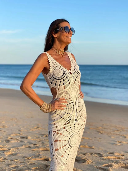 Vestido Longo Crochê Gola V - Edição Verão