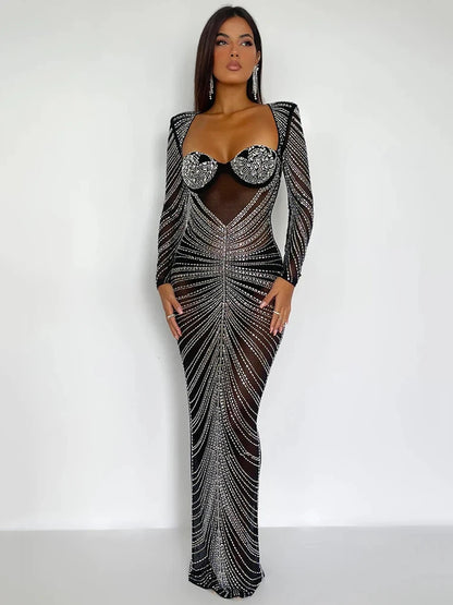 Starlit Elegance: Glitter Mesh Full Sleeve Party Maxi Dress