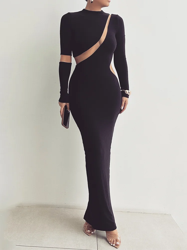 Turtleneck Hollow Out Bodycon Maxi Dress