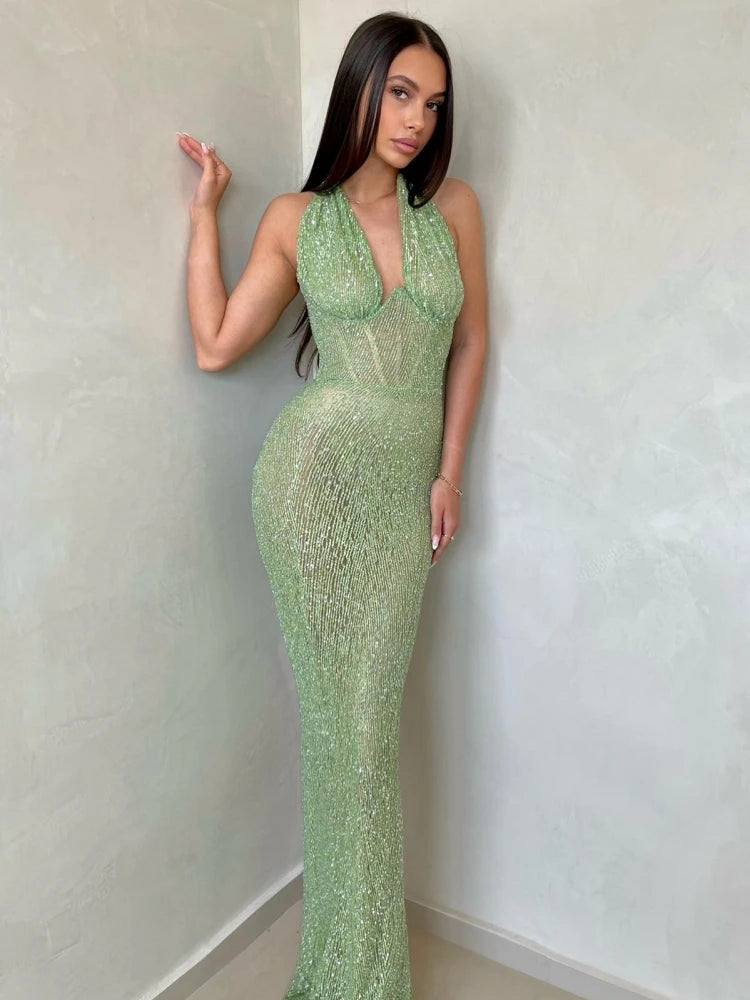 Glamorous Green Sequin Maxi Dress