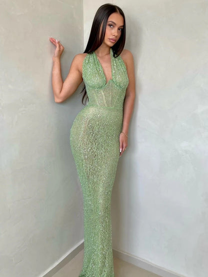 Vestido Maxi de Lentejuelas Verde Glamuroso