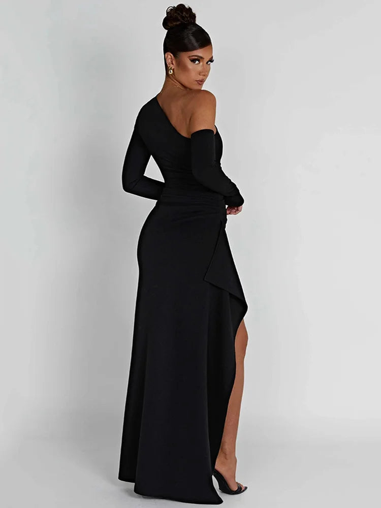 Oblique Shoulder Thigh-High Split Maxi Dress