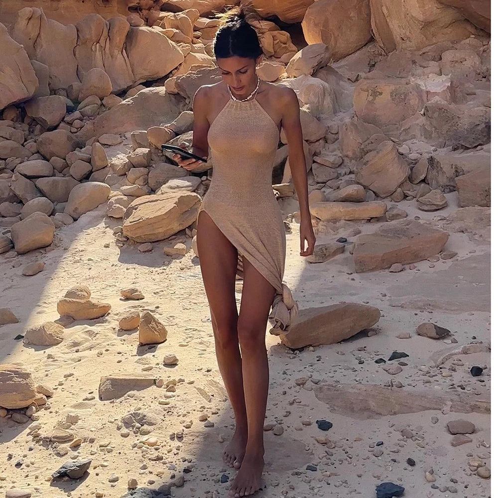 Vestido de Praia Bodycon em Crochê Transparente