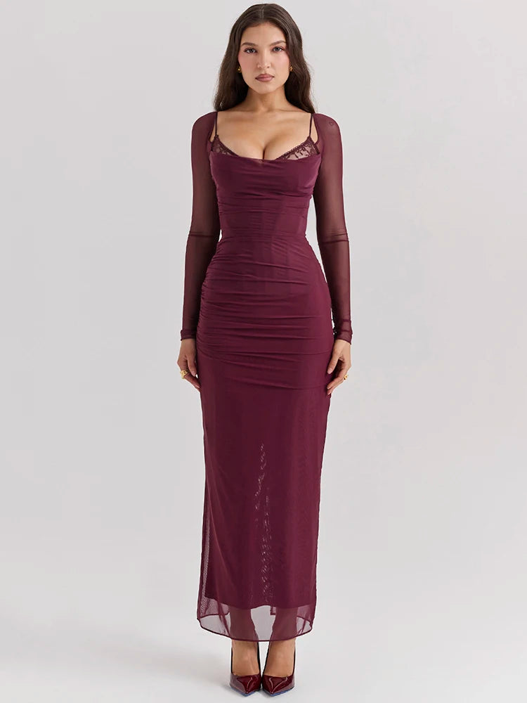 Ethereal Allure: Elegant Sheer Long Sleeve Strapless Maxi Dress