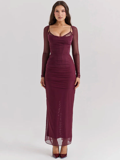 Ethereal Allure: Elegant Sheer Long Sleeve Strapless Maxi Dress