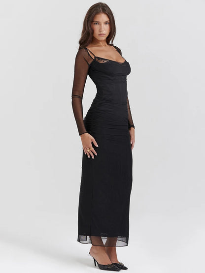 Elegant Sheer Long Sleeve Strapless Maxi Dress