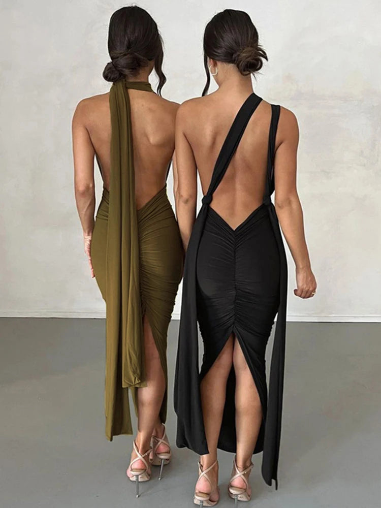 Elegance Unveiled: Backless Ruched Maxi Gown for Summer Evenings