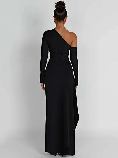 Oblique Shoulder Thigh-High Split Maxi Dress