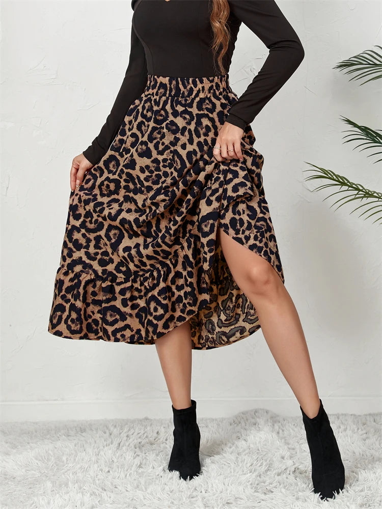 Falda midi de leopardo con cintura alta