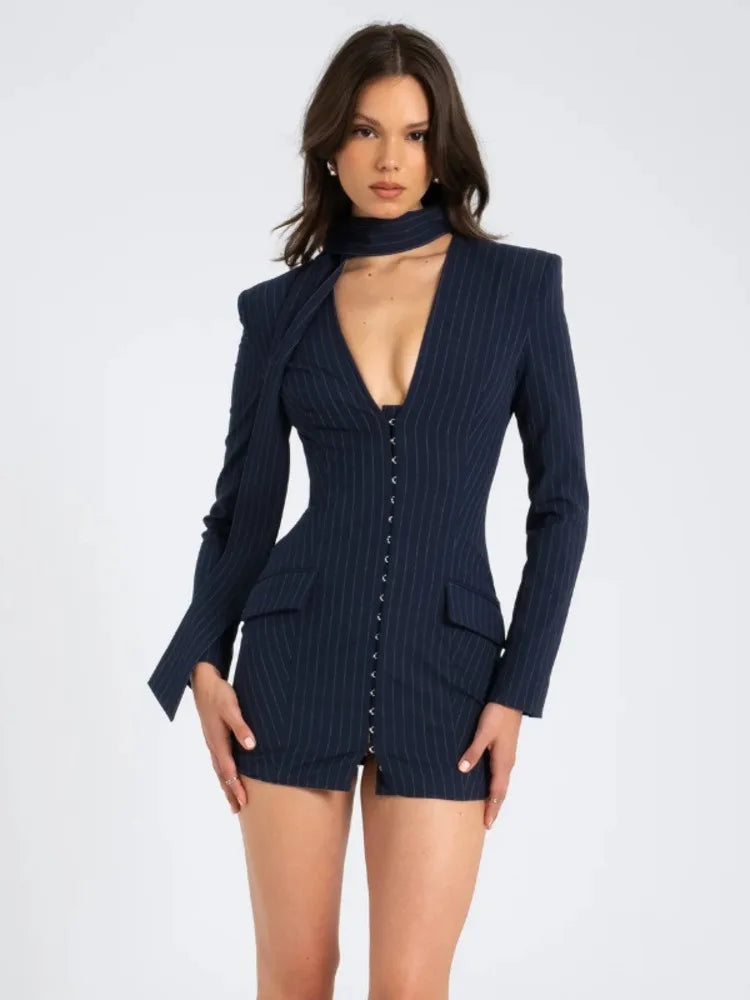 Striped Sophistication V-Neck Blazer Dress