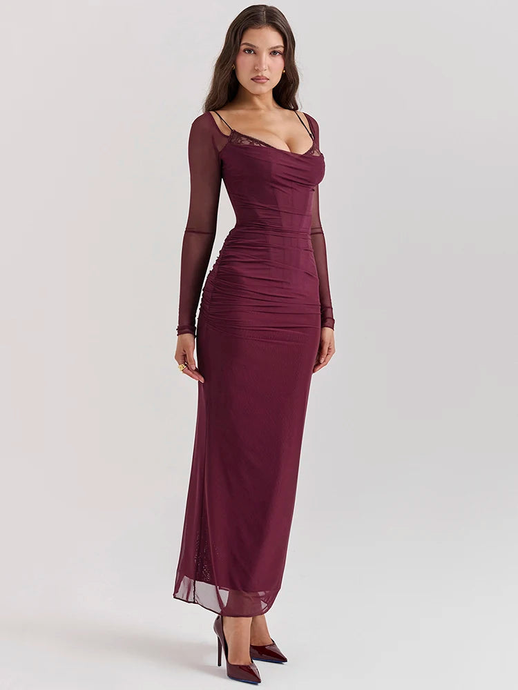 Ethereal Allure: Elegant Sheer Long Sleeve Strapless Maxi Dress