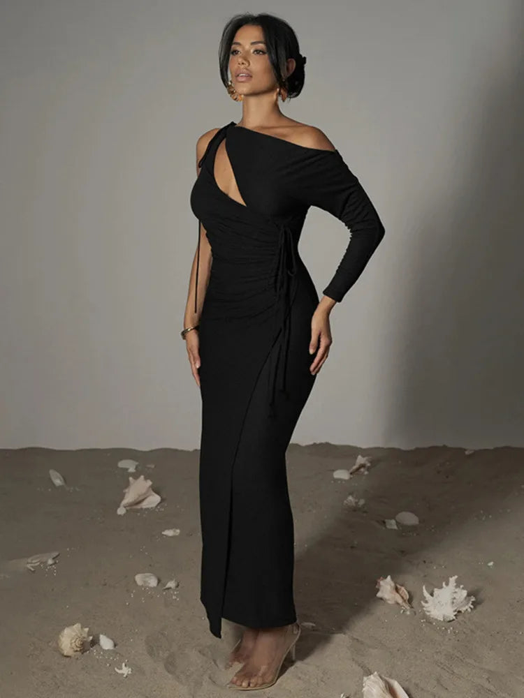 Inclined Shoulder One Sleeve Maxi Dress