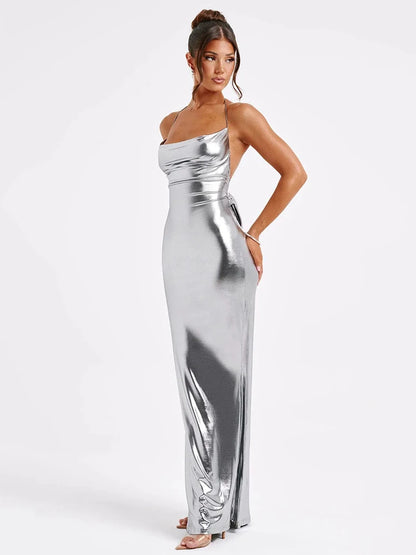 Satin Spaghetti Strap Backless Maxi Dress