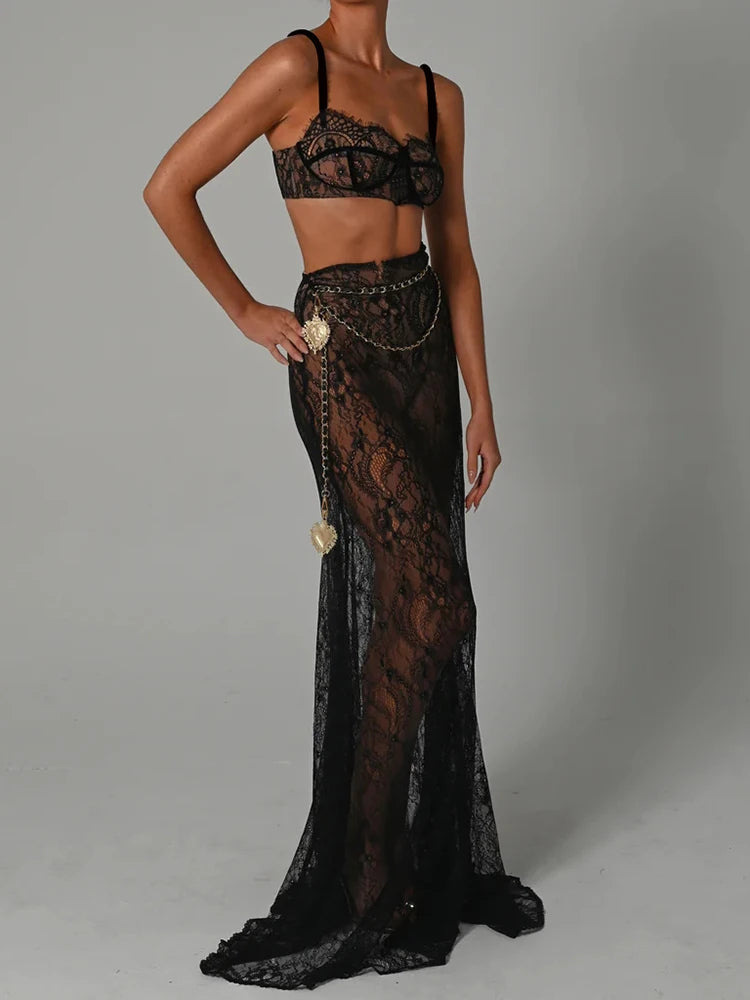 See Through Lace Two Piece Skirt Set