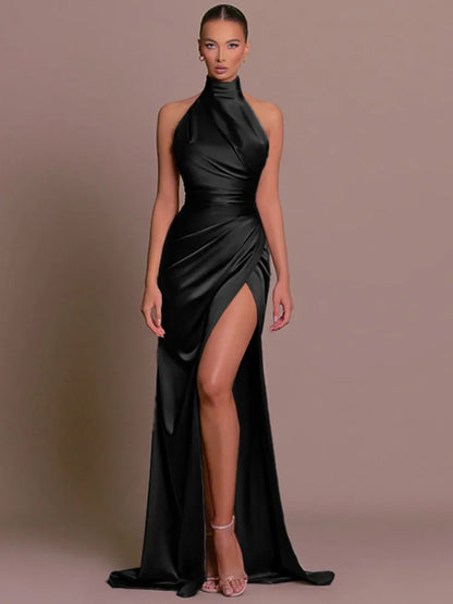 Opulent Dusk: Halter Backless High Split Maxi Dress