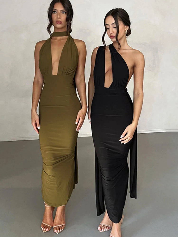 Elegance Unveiled: Backless Ruched Maxi Gown for Summer Evenings