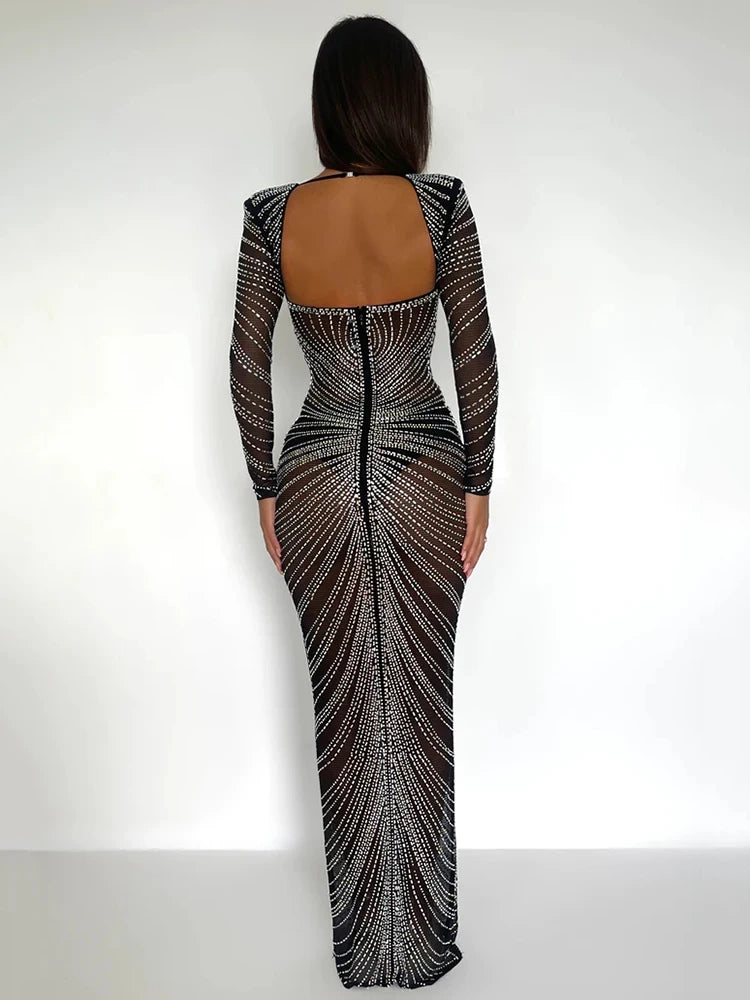 Starlit Elegance: Glitter Mesh Full Sleeve Party Maxi Dress