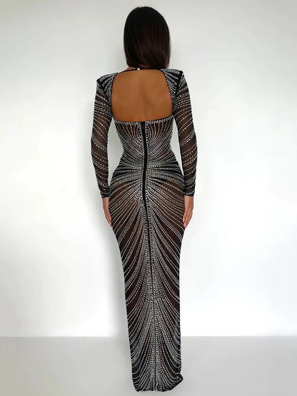 Starlit Elegance: Glitter Mesh Full Sleeve Party Maxi Dress