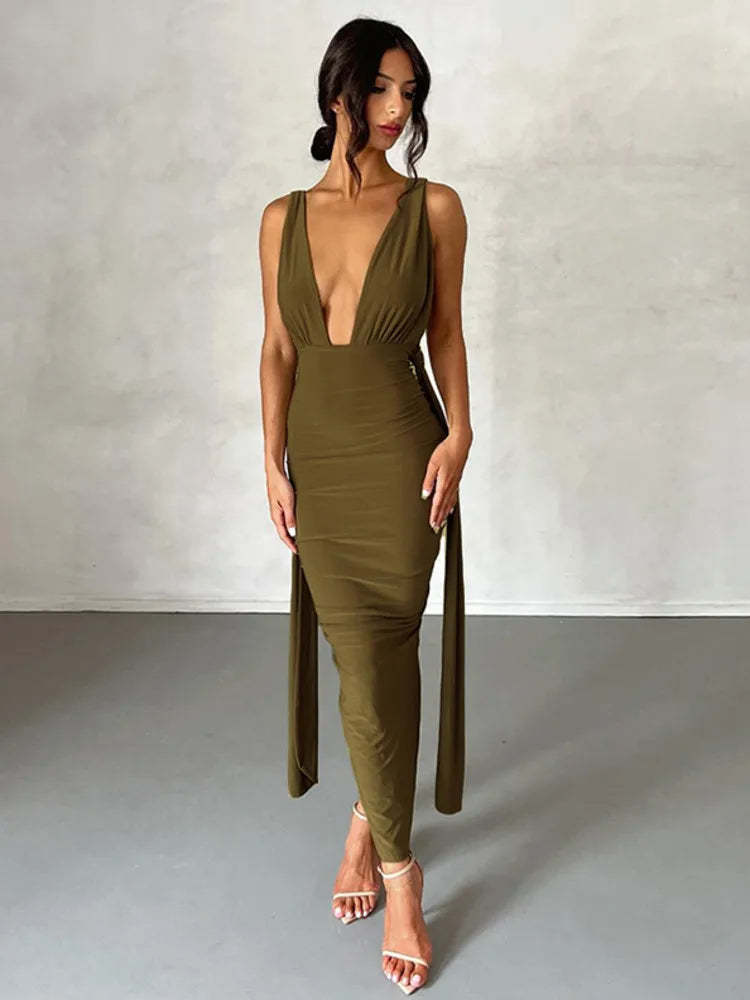 Elegance Unveiled: Backless Ruched Maxi Gown for Summer Evenings