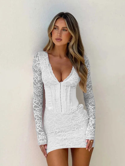 Vestido Mini de Renda Elegante com Decote V Profundo