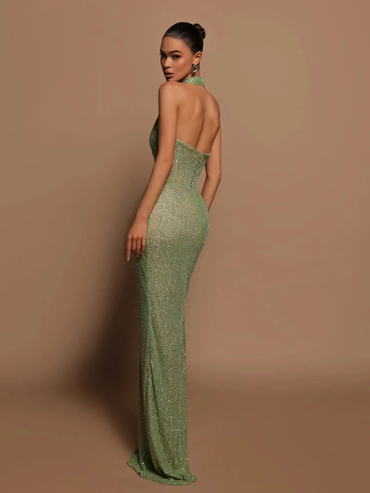 Vestido Maxi de Lantejoulas Verde Glamouroso