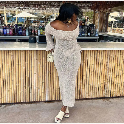 Knitted Off-Shoulder See-Through Dress