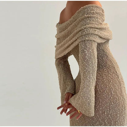 Knitted Off-Shoulder See-Through Dress