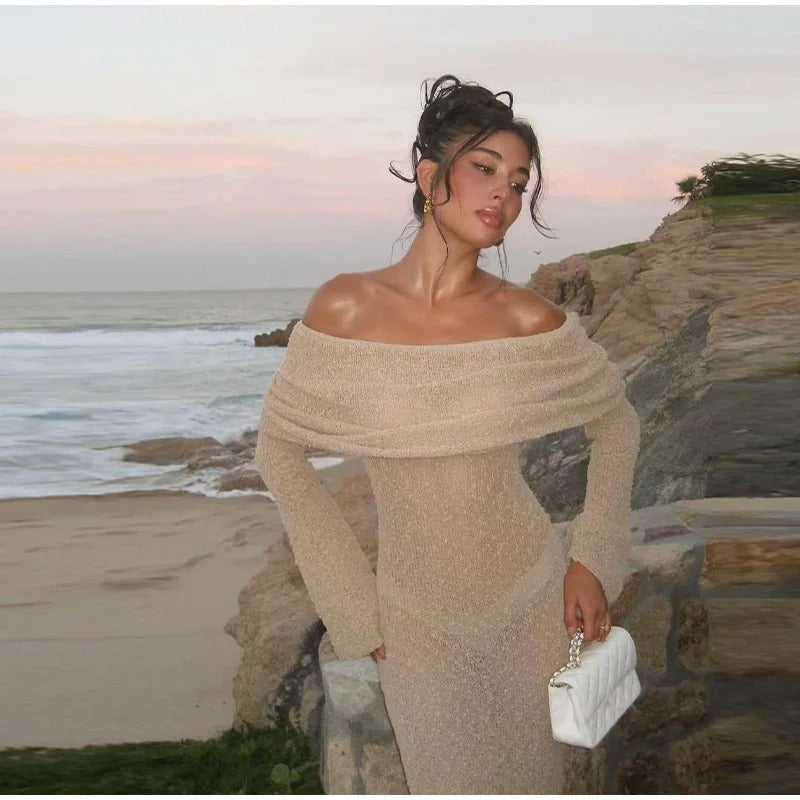 Knitted Off-Shoulder See-Through Dress